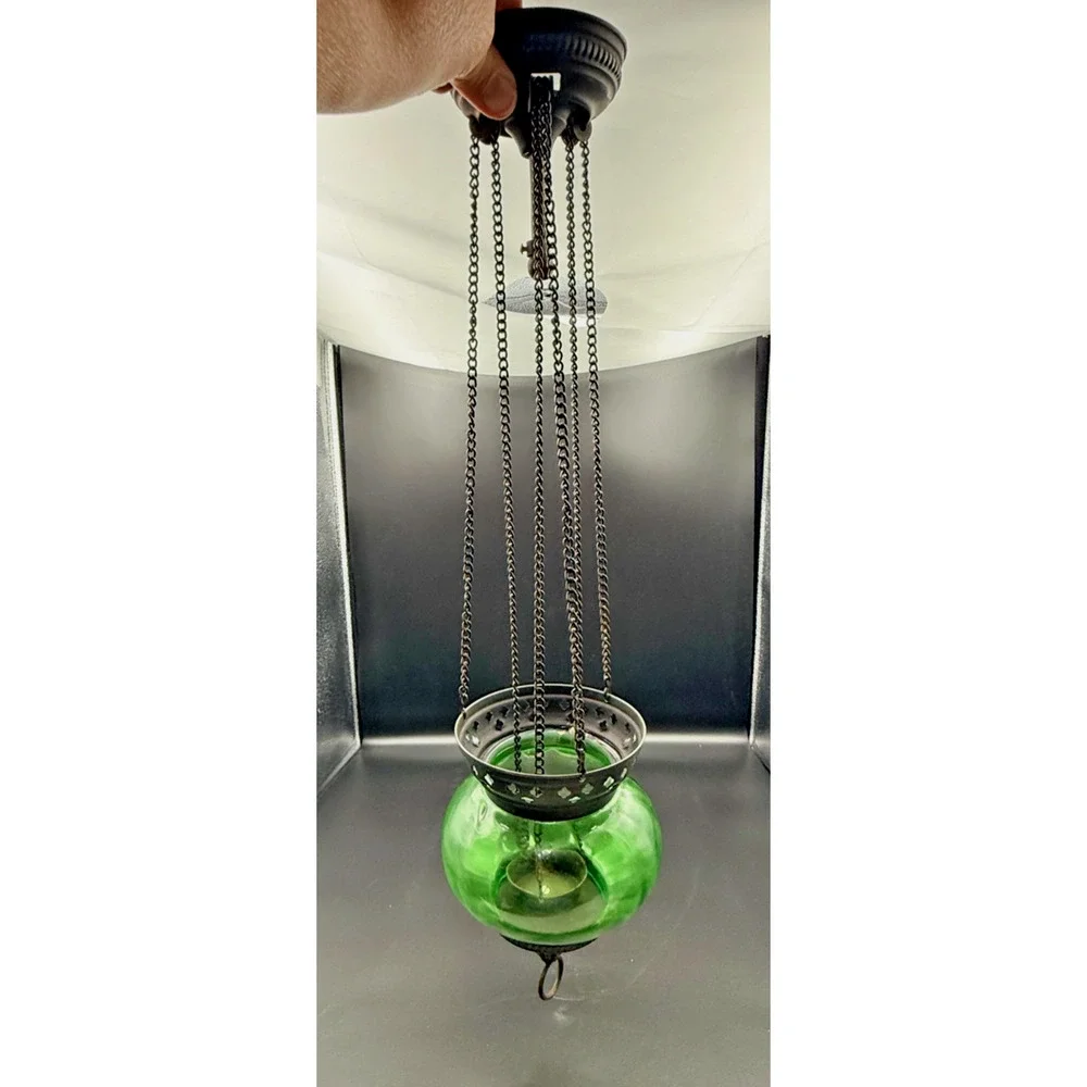 Hanging Metal Greek Sanctuary Vigil Lamp Candle Holder Green Glass Bell Jar